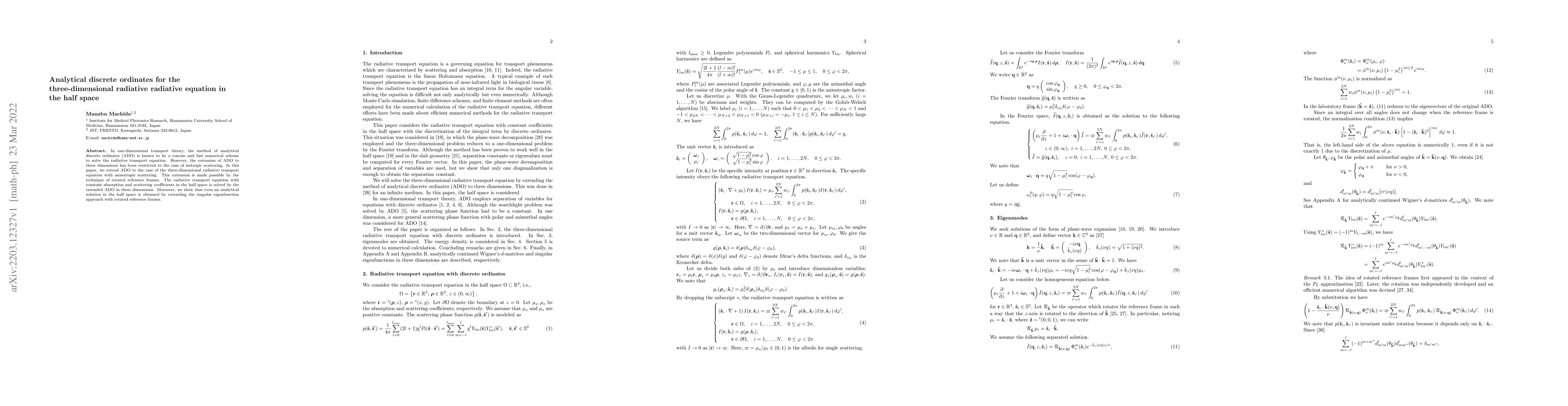Thumbnail for Analytical discrete ordinates for the three-dimensional radiative
  radiative equation in the half space