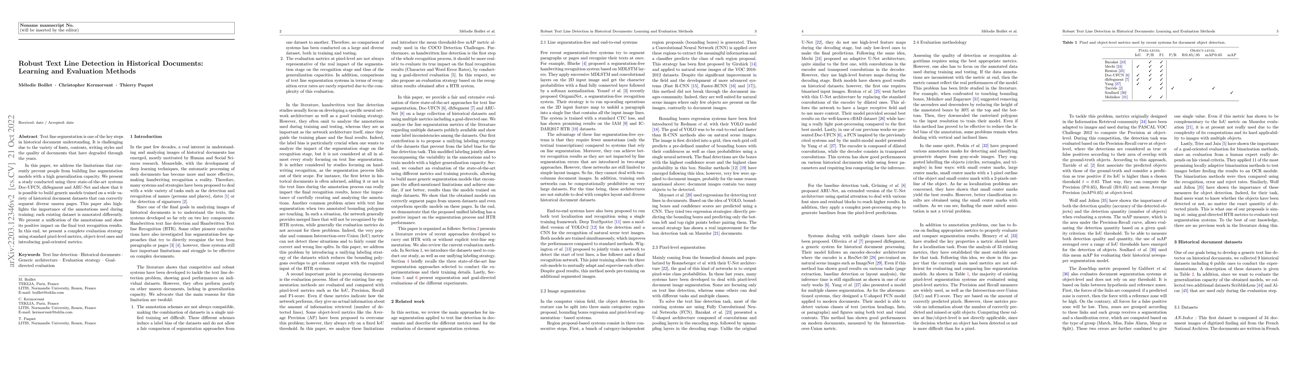 Thumbnail for Robust Text Line Detection in Historical Documents: Learning and
  Evaluation Methods