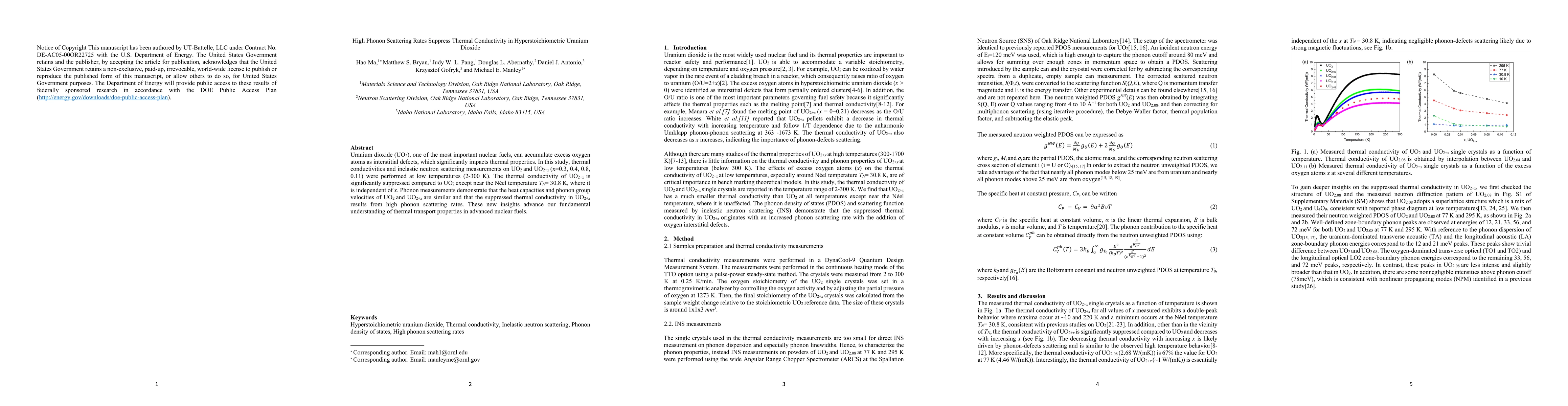 Thumbnail for High Phonon Scattering Rates Suppress Thermal Conductivity in
  Hyperstoichiometric Uranium Dioxide