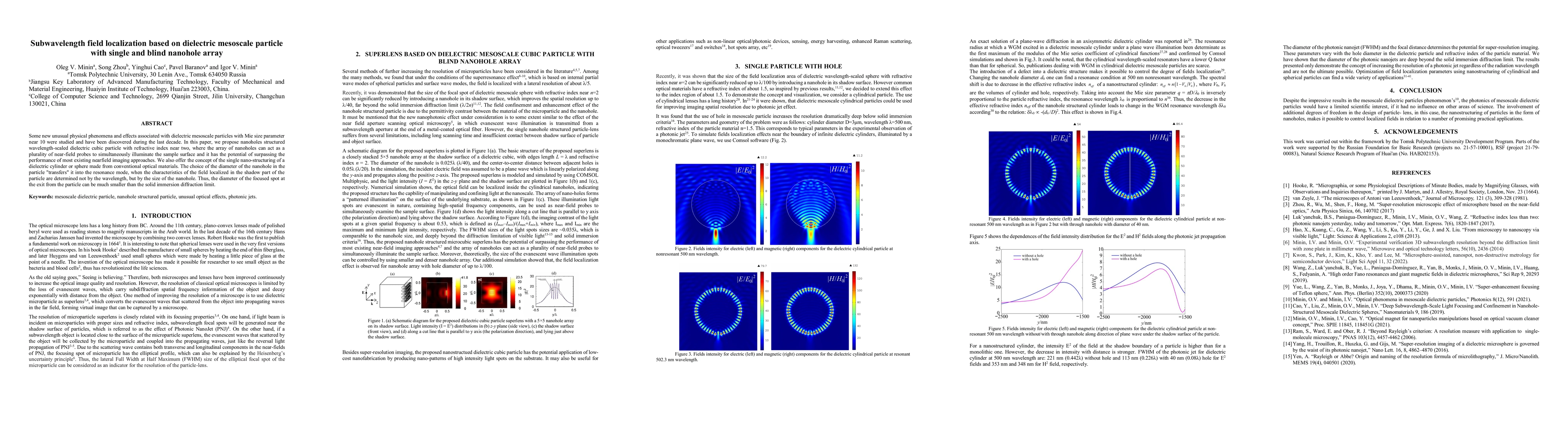 Thumbnail for Subwavelength field localization based on dielectric mesoscale particle
  with single and blind nanohole array