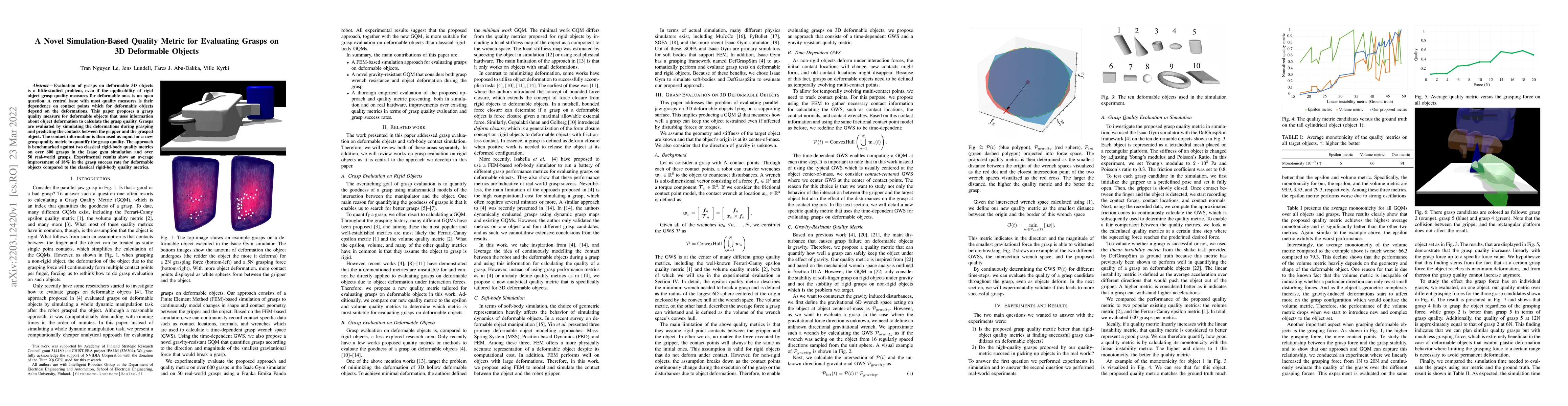 Thumbnail for A Novel Simulation-Based Quality Metric for Evaluating Grasps on 3D
  Deformable Objects
