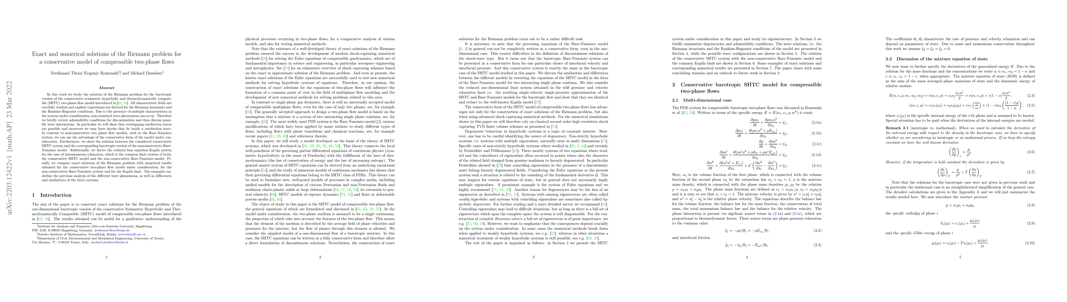 Thumbnail for Exact and numerical solutions of the Riemann problem for a conservative
  model of compressible two-phase flows