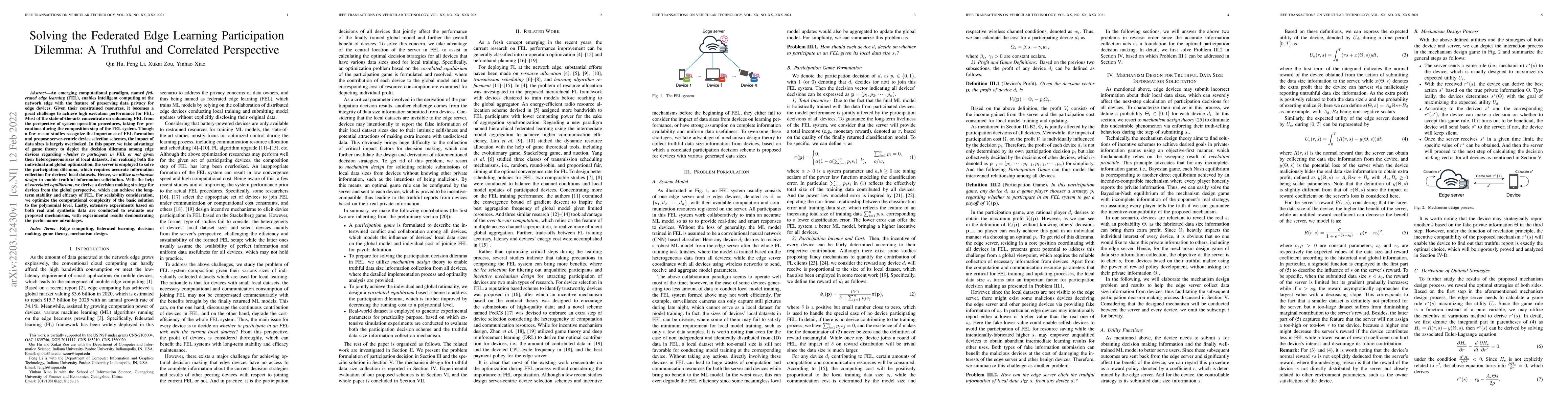 Thumbnail for Solving the Federated Edge Learning Participation Dilemma: A Truthful
  and Correlated Perspective