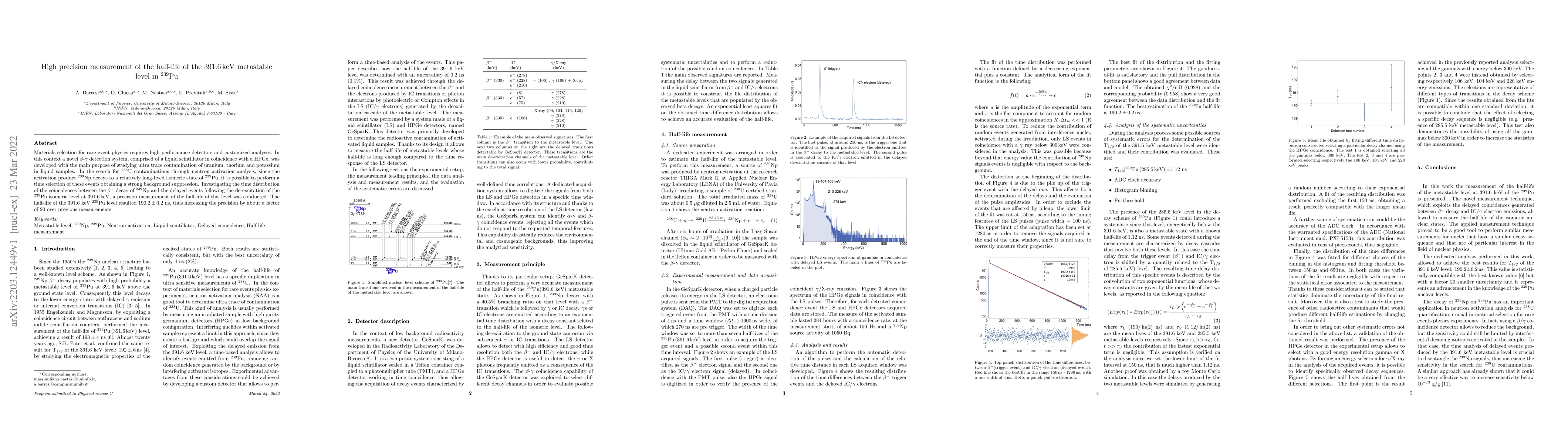 Thumbnail for High precision measurement of the half-life of the 391.6 keV metastable
  level in 239Pu