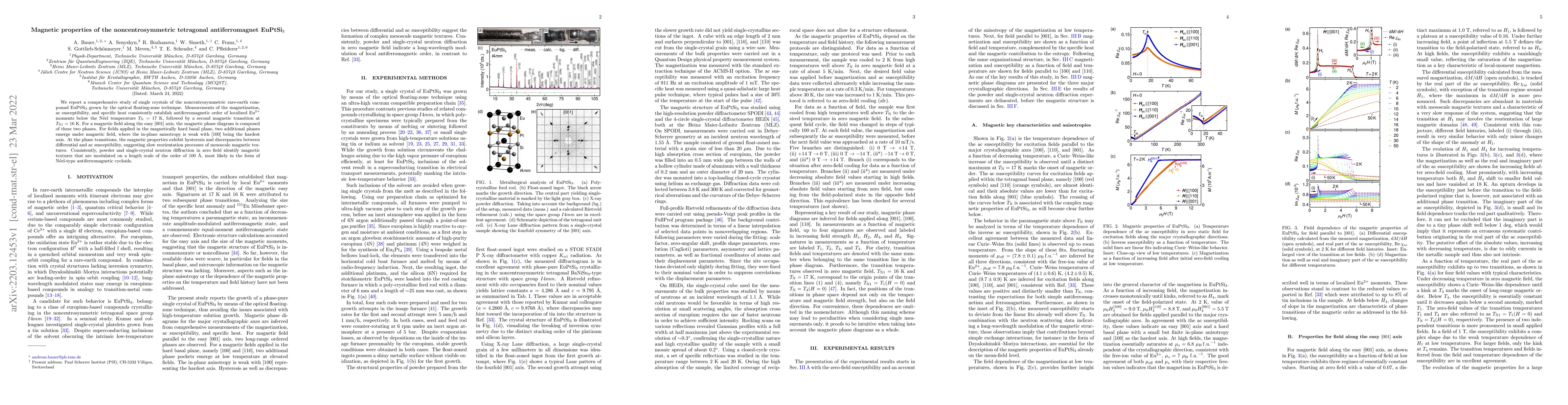 Thumbnail for Magnetic properties of the noncentrosymmetric tetragonal antiferromagnet
  EuPtSi$_{3}$
