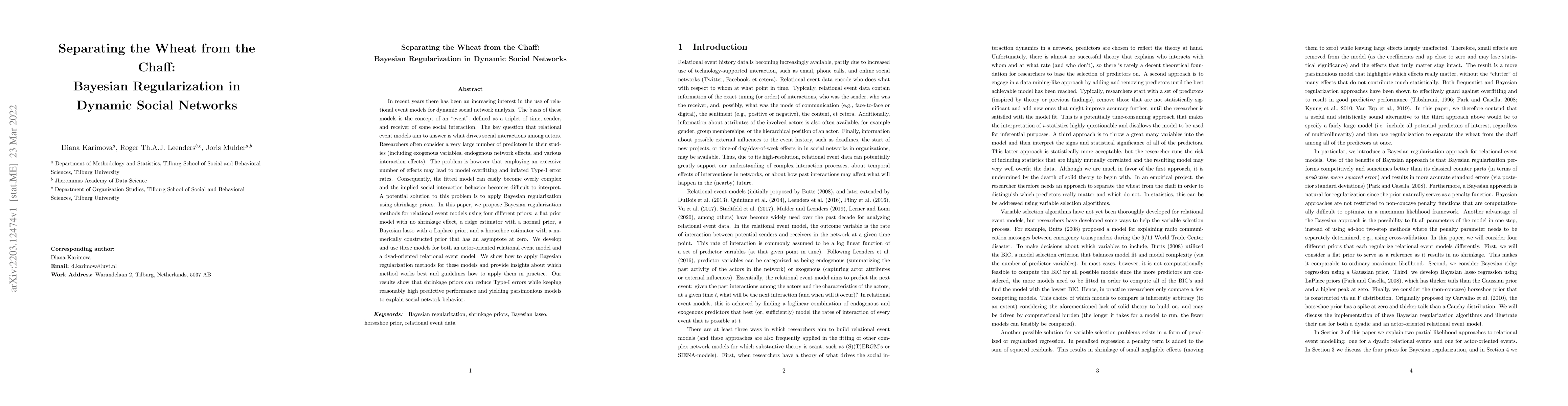 Thumbnail for Separating the Wheat from the Chaff: Bayesian Regularization in Dynamic
  Social Networks