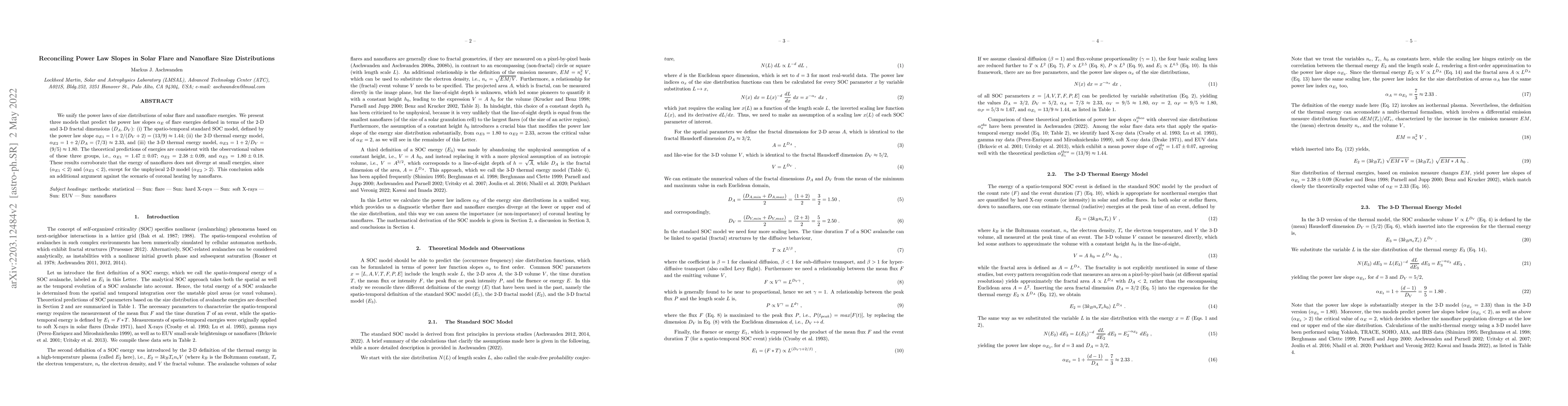Thumbnail for Reconciling Power Law Slopes in Solar Flare and Nanoflare Size
  Distributions