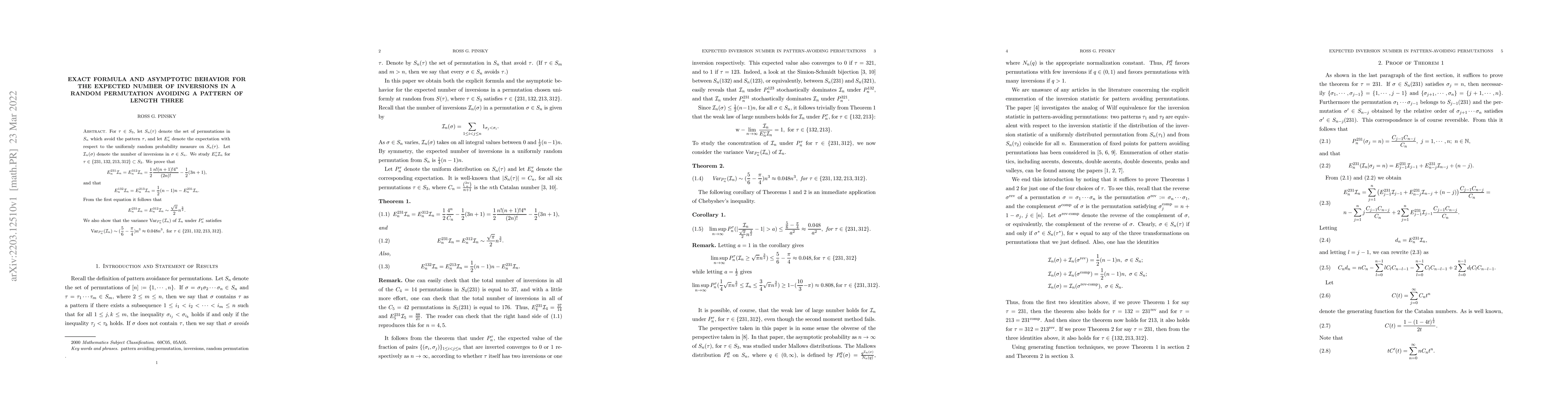 Thumbnail for Exact formula and asymptotic behavior for the expected number of
  inversions in a random permutation avoiding a pattern of length three