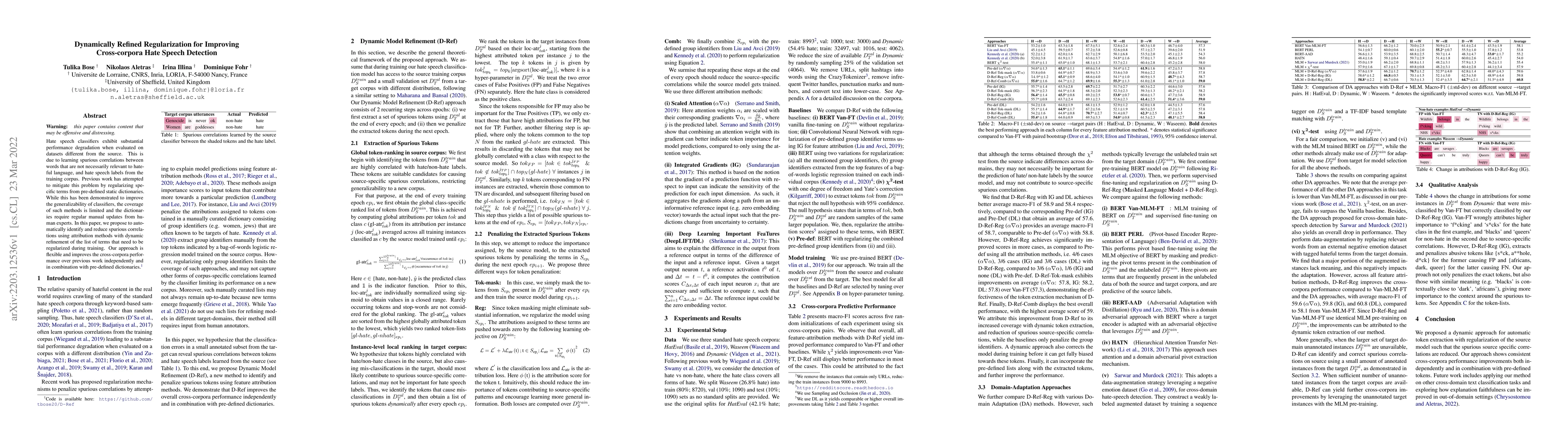 Thumbnail for Dynamically Refined Regularization for Improving Cross-corpora Hate
  Speech Detection