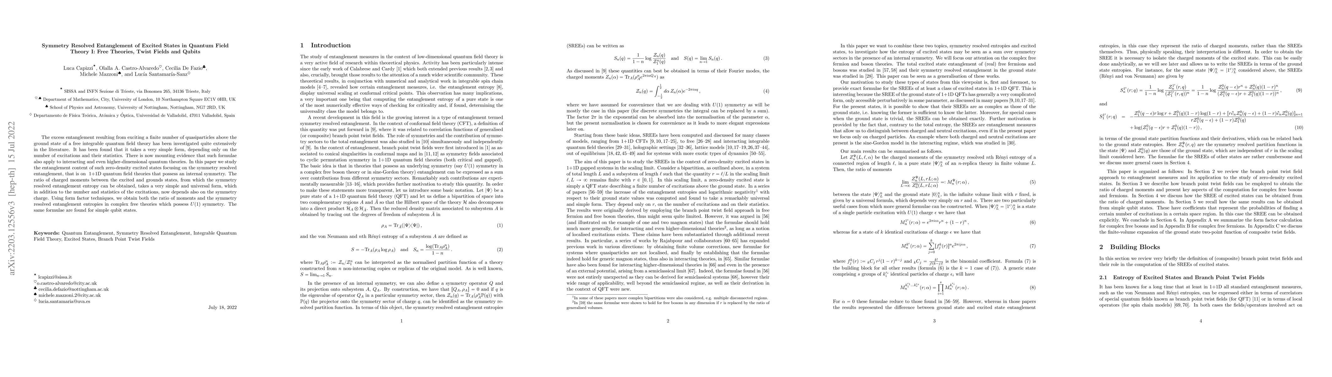 Thumbnail for Symmetry Resolved Entanglement of Excited States in Quantum Field Theory
  I: Free Theories, Twist Fields and Qubits