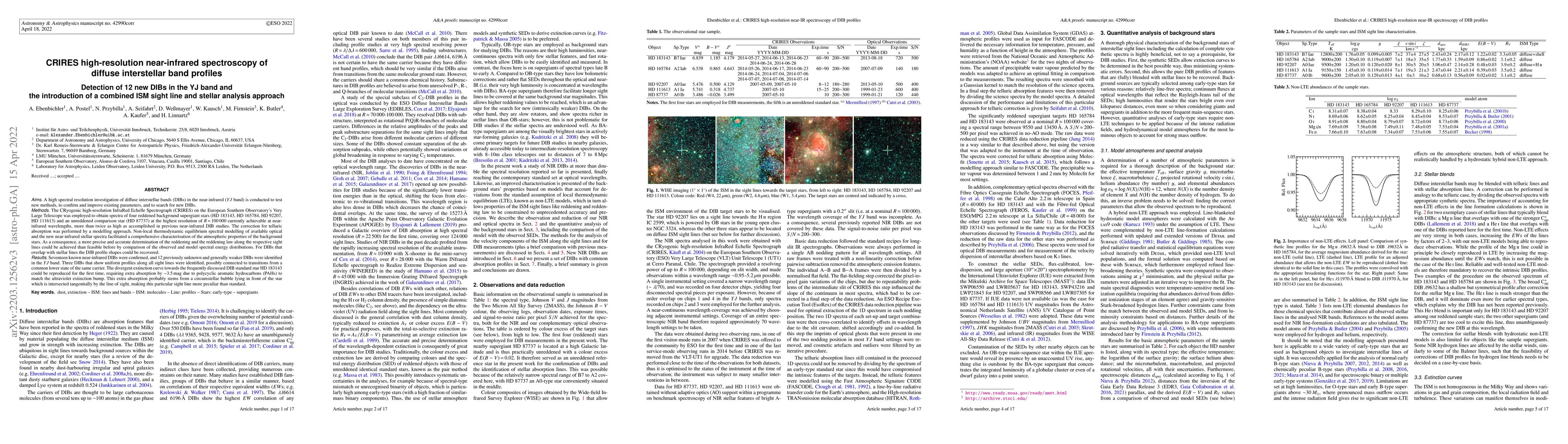 Thumbnail for CRIRES high-resolution near-infrared spectroscopy of diffuse
  interstellar band profiles. Detection of 12 new DIBs in the YJ band and the
  introduction of a combined ISM sight line and stellar analysis approach