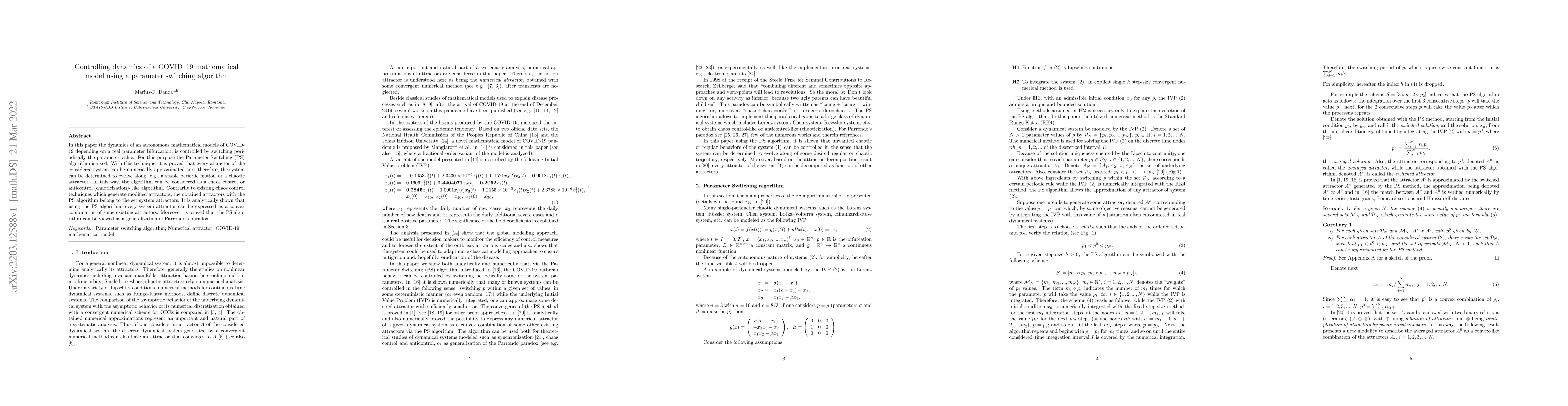 Thumbnail for Controlling dynamics of a COVID--19 mathematical model using a parameter
  switching algorithm