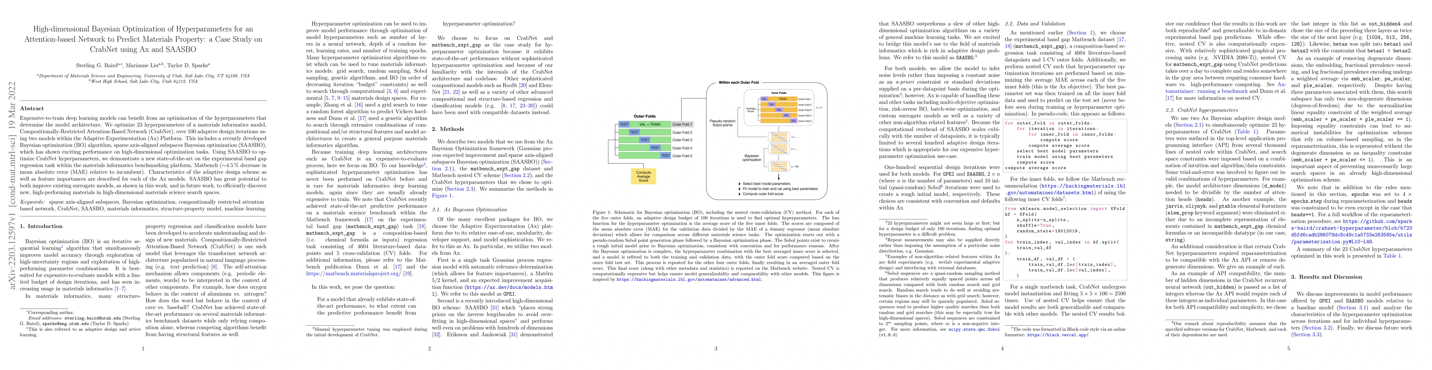 Thumbnail for High-dimensional Bayesian Optimization of Hyperparameters for an
  Attention-based Network to Predict Materials Property: a Case Study on
  CrabNet using Ax and SAASBO