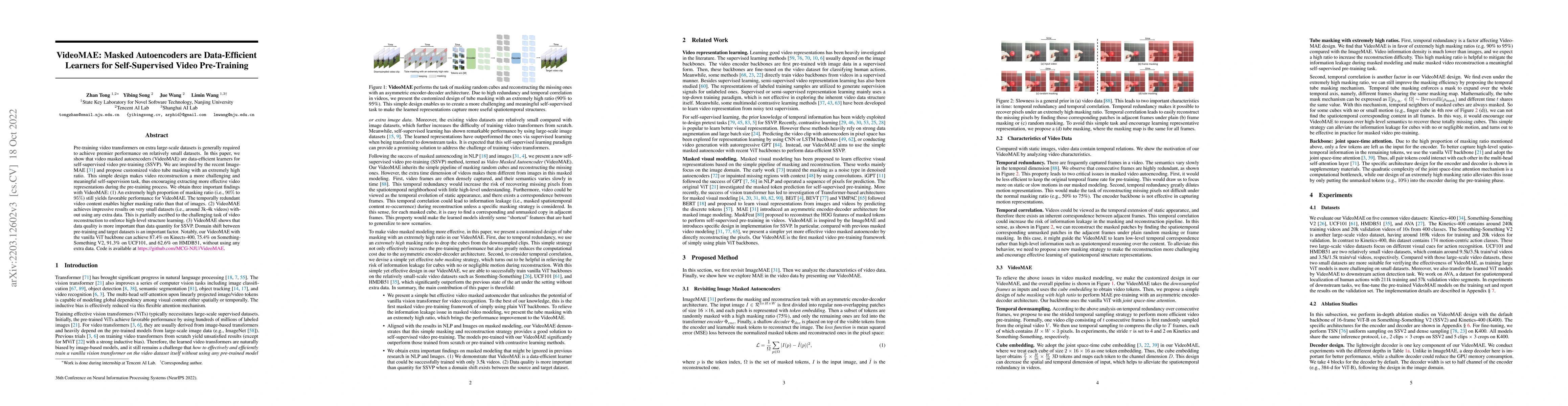 Thumbnail for VideoMAE: Masked Autoencoders are Data-Efficient Learners for
  Self-Supervised Video Pre-Training