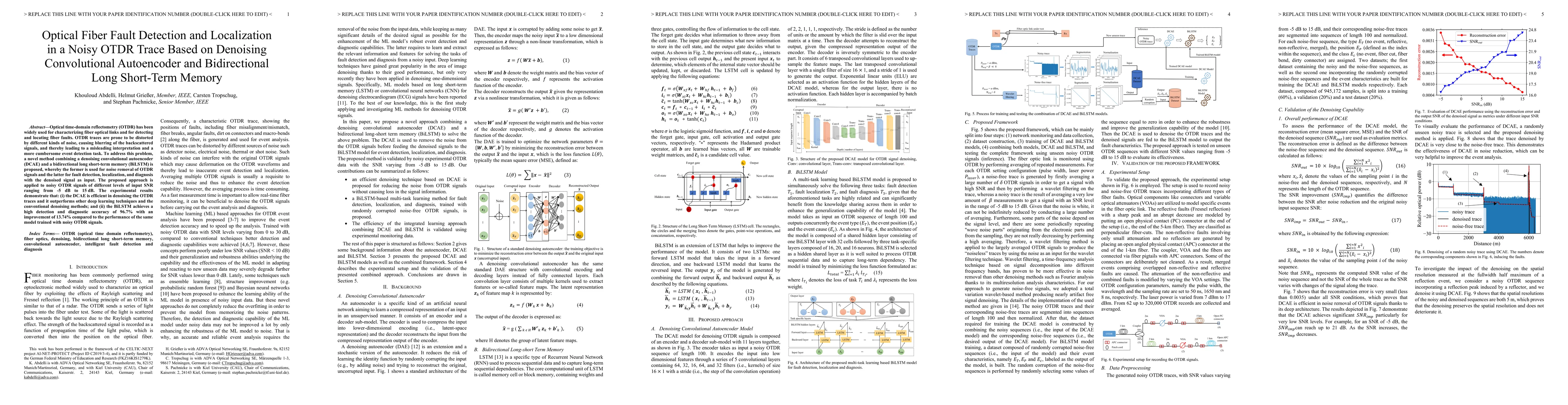Thumbnail for Optical Fiber Fault Detection and Localization in a Noisy OTDR Trace
  Based on Denoising Convolutional Autoencoder and Bidirectional Long
  Short-Term Memory