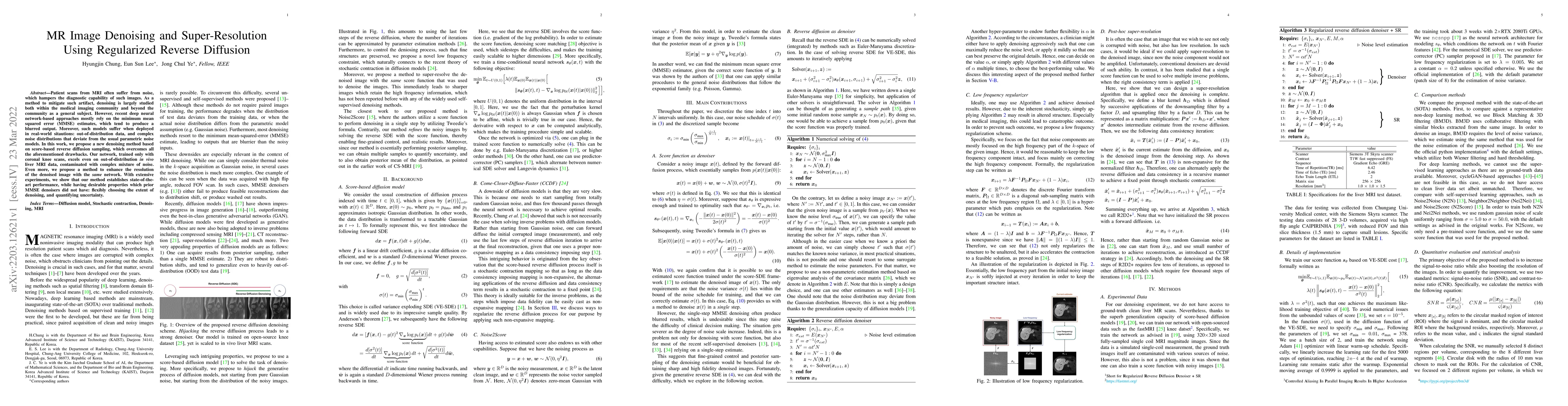 Thumbnail for MR Image Denoising and Super-Resolution Using Regularized Reverse
  Diffusion