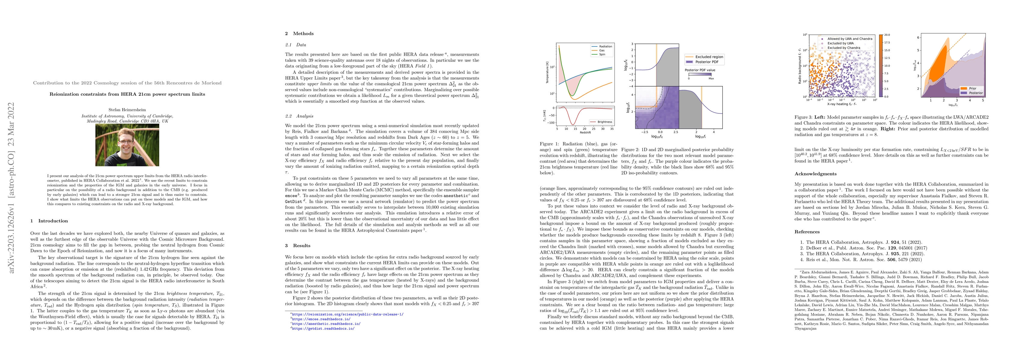 Thumbnail for Contribution to the 2022 Cosmology session of the 56th Rencontres de
  Moriond: Reionization constraints from HERA 21cm power spectrum limits