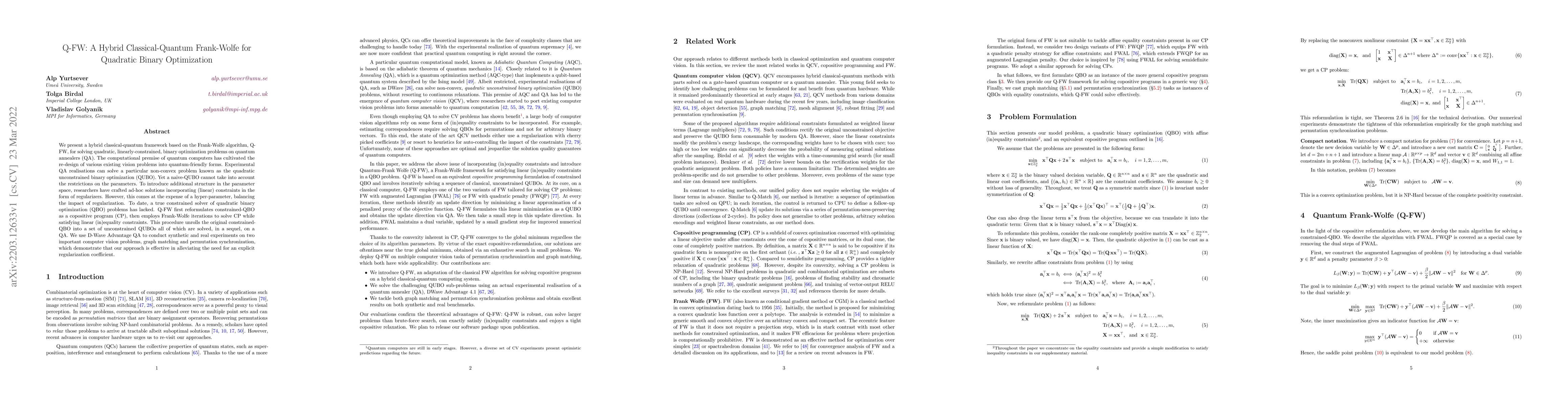 Thumbnail for Q-FW: A Hybrid Classical-Quantum Frank-Wolfe for Quadratic Binary
  Optimization