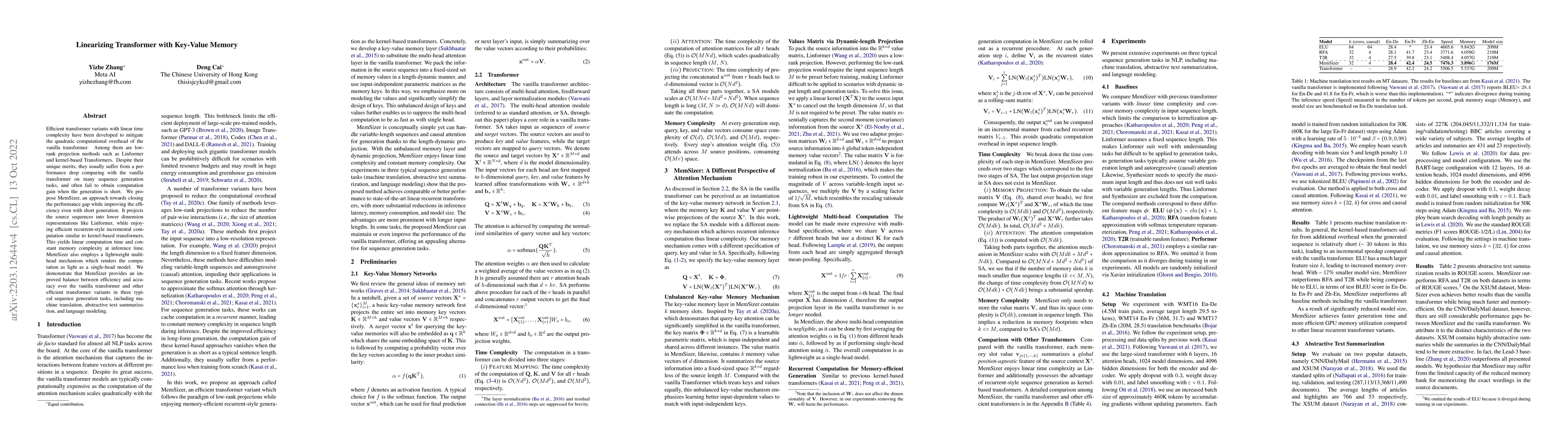 Thumbnail for Linearizing Transformer with Key-Value Memory
