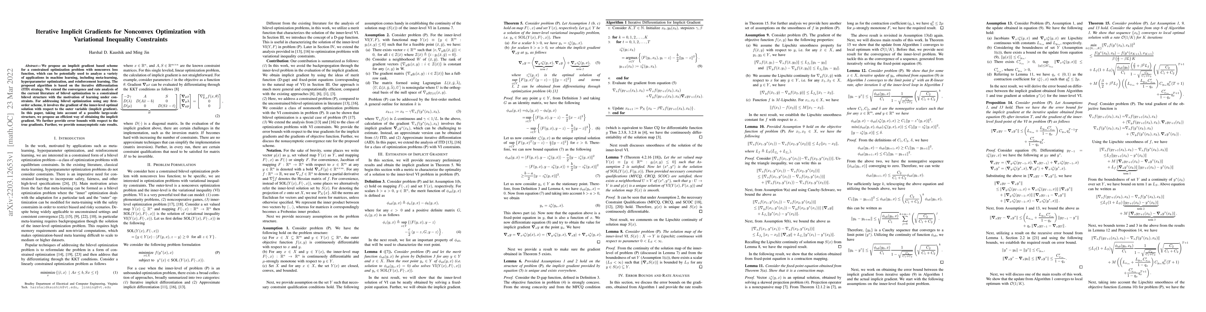 Thumbnail for Iterative Implicit Gradients for Nonconvex Optimization with Variational
  Inequality Constraints