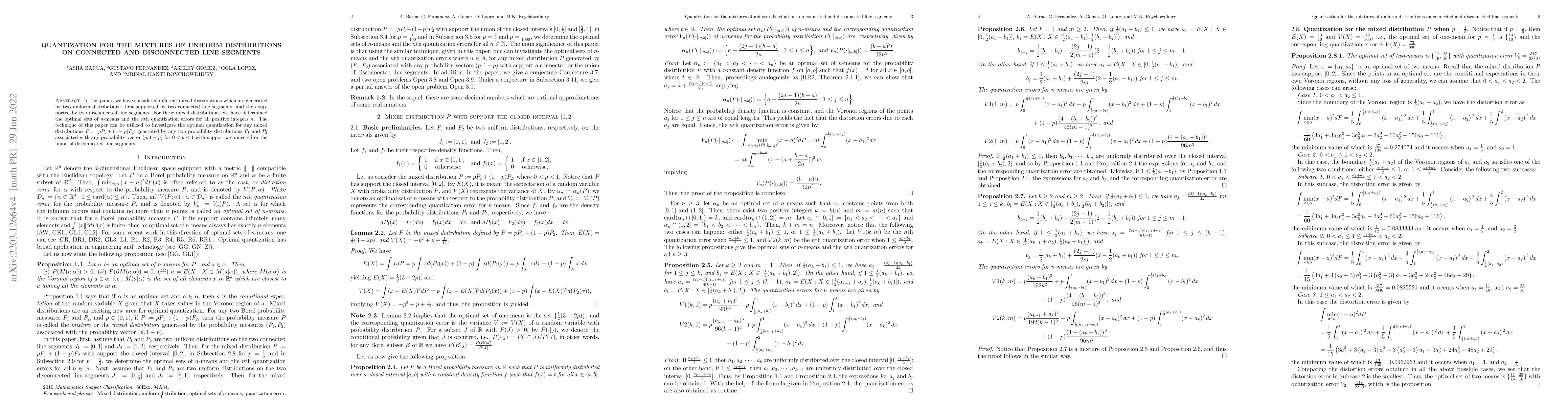 Thumbnail for Quantization for the mixtures of uniform distributions on connected and
  disconnected line segments