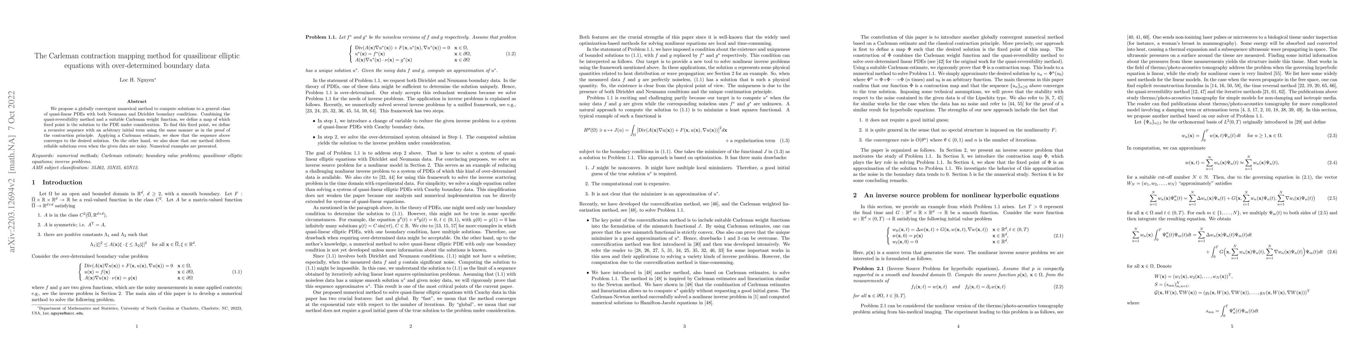 Thumbnail for The Carleman contraction mapping method for quasilinear elliptic
  equations with over-determined boundary data
