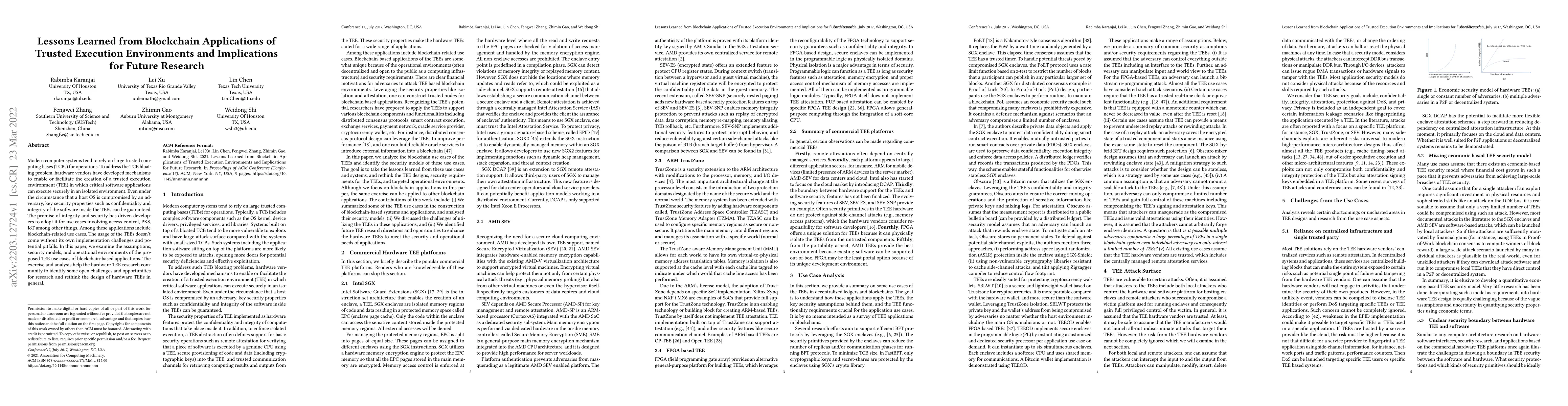 Thumbnail for Lessons Learned from Blockchain Applications of Trusted Execution
  Environments and Implications for Future Research