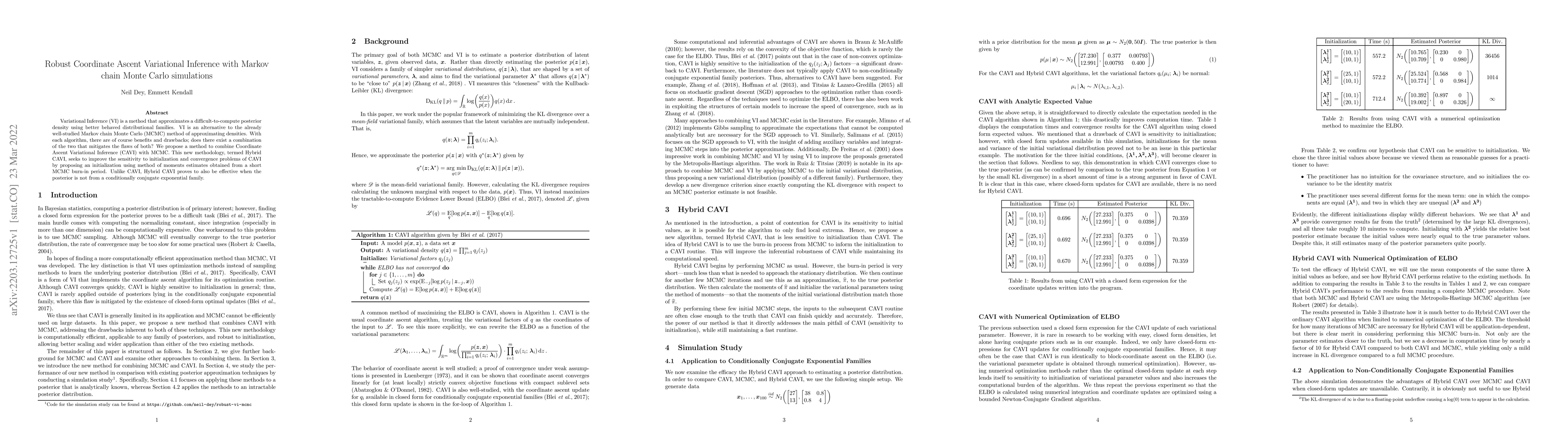 Thumbnail for Robust Coordinate Ascent Variational Inference with Markov chain Monte
  Carlo simulations