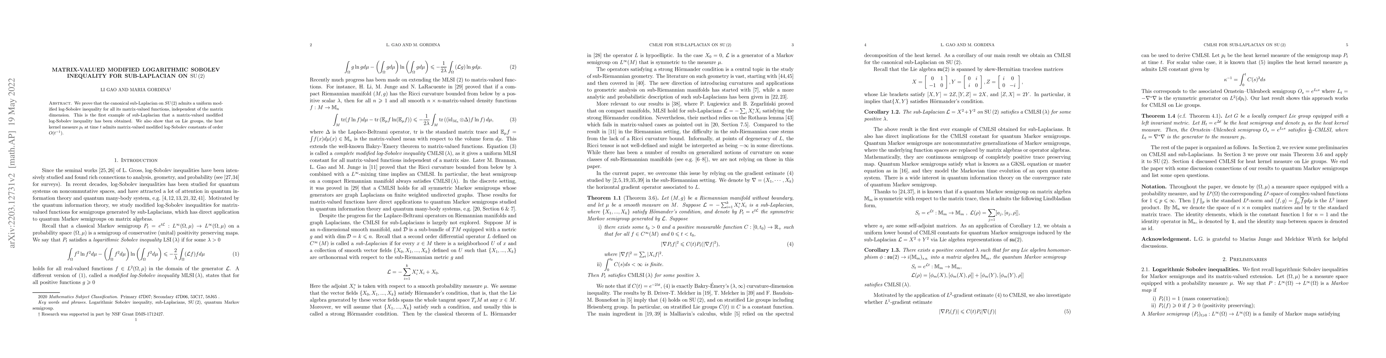 Thumbnail for Complete Modified Logarithmic Sobolev inequality for sub-Laplacian on
  $SU(2)$