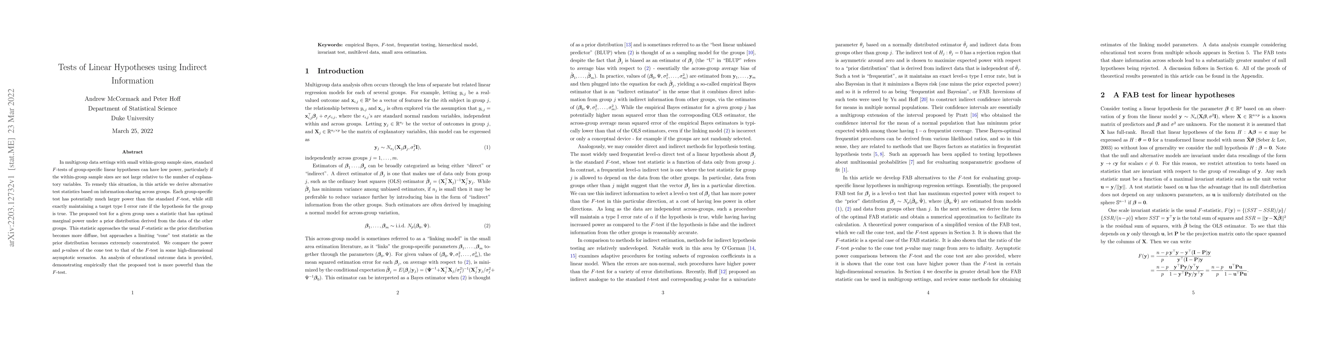 Thumbnail for Tests of Linear Hypotheses using Indirect Information