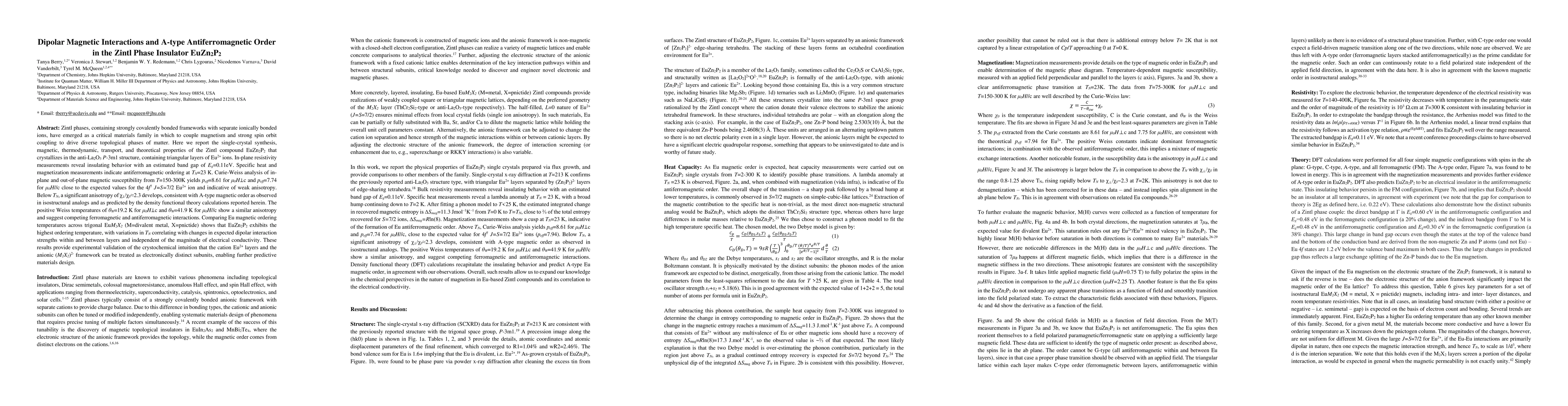 Thumbnail for Dipolar Magnetic Interactions and A-type Antiferromagnetic Order in the
  Zintl Phase Insulator EuZn2P2