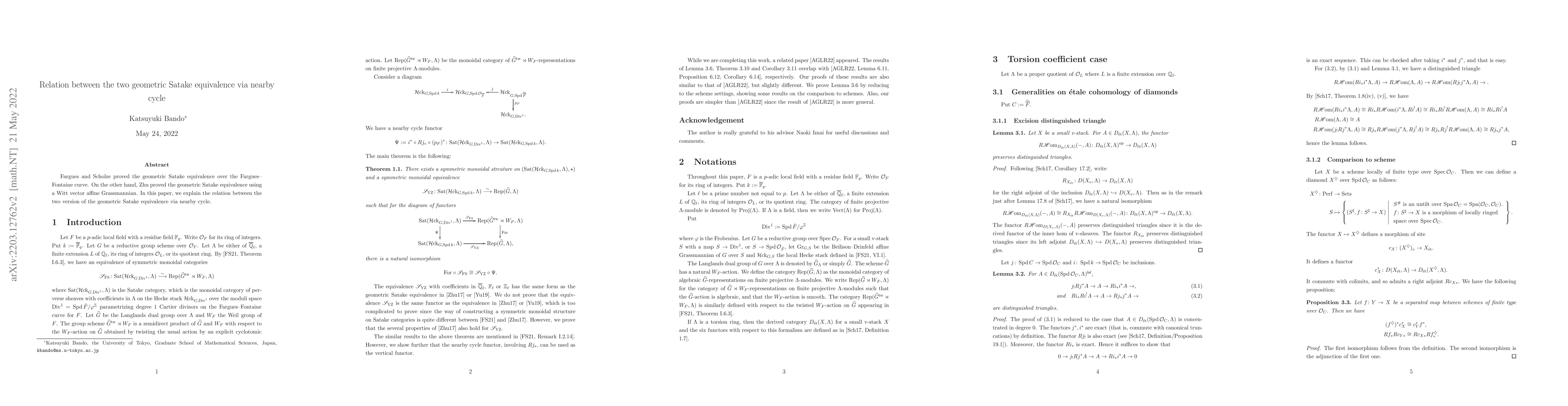 Thumbnail for Relation between the two geometric Satake equivalence via nearby cycle