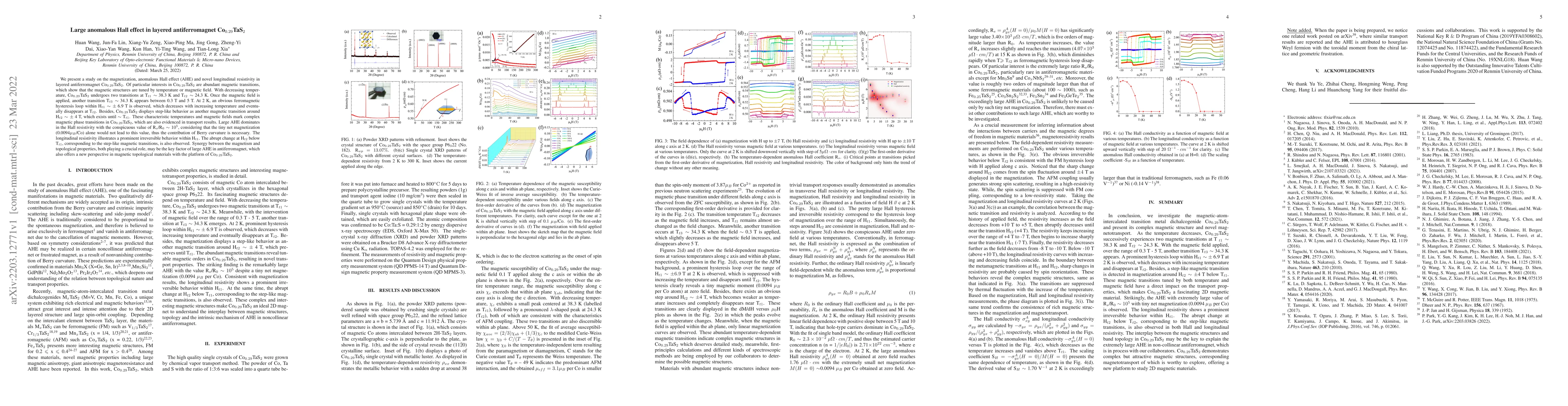 Thumbnail for Large anomalous Hall effect in layered antiferromagnet
  Co$_{0.29}$TaS$_2$