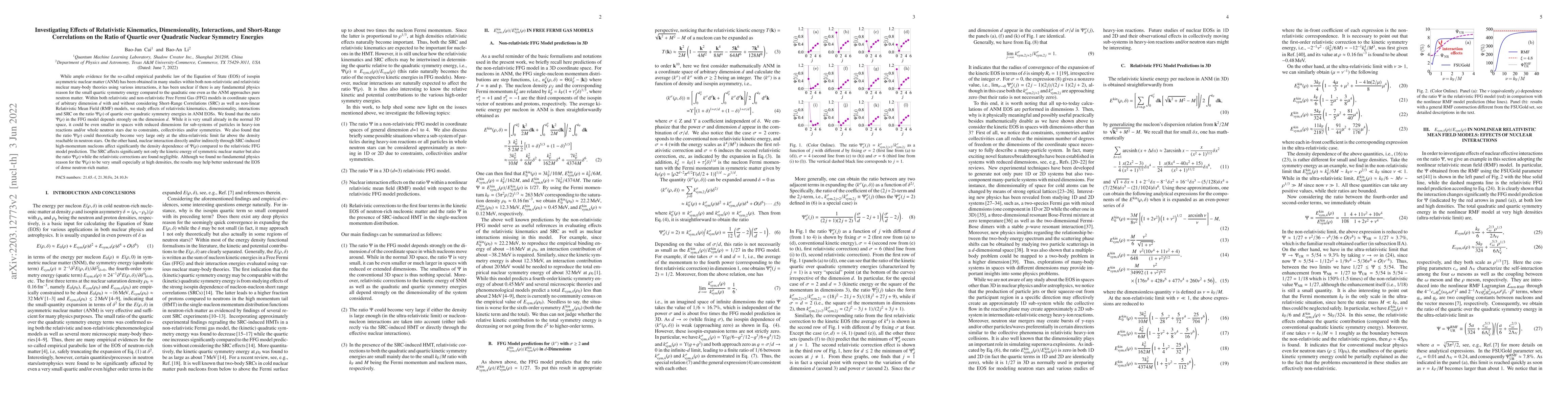 Thumbnail for Investigating Effects of Relativistic Kinematics, Dimensionality,
  Interactions, and Short-Range Correlations on the Ratio of Quartic over
  Quadratic Nuclear Symmetry Energies