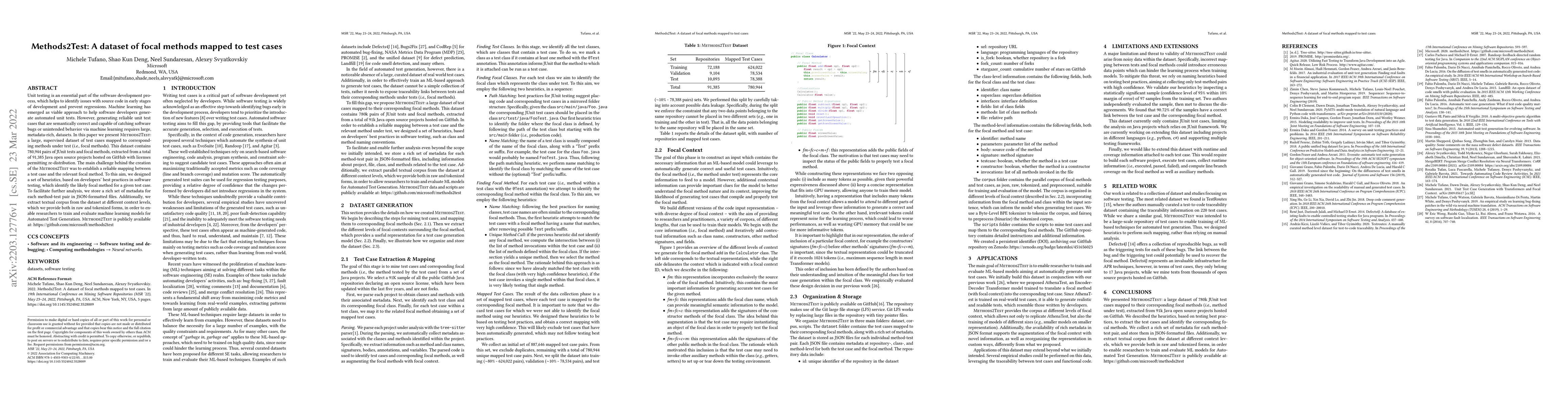 Thumbnail for Methods2Test: A dataset of focal methods mapped to test cases