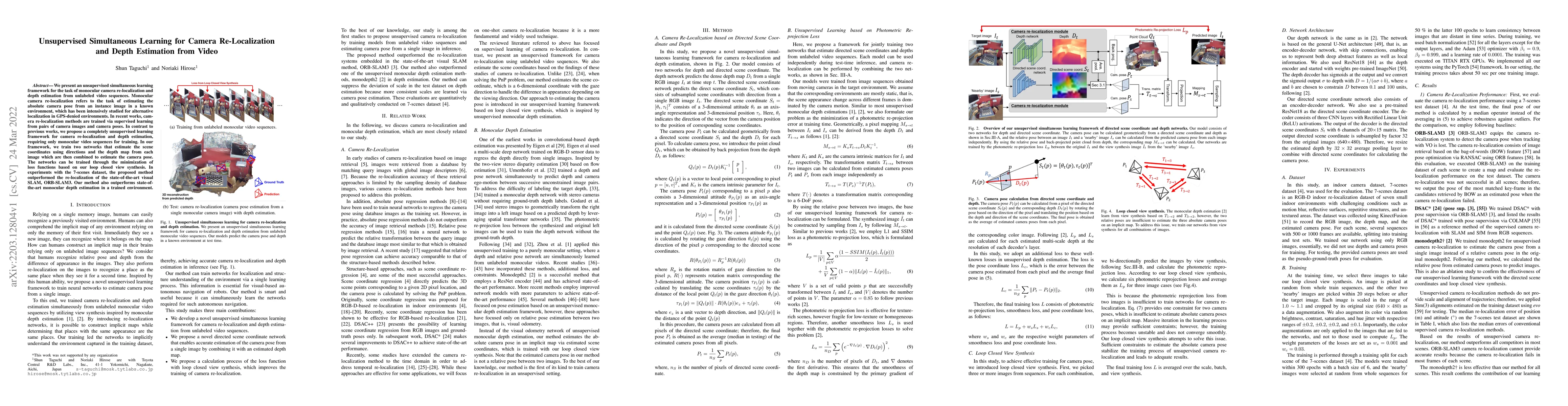 Thumbnail for Unsupervised Simultaneous Learning for Camera Re-Localization and Depth
  Estimation from Video