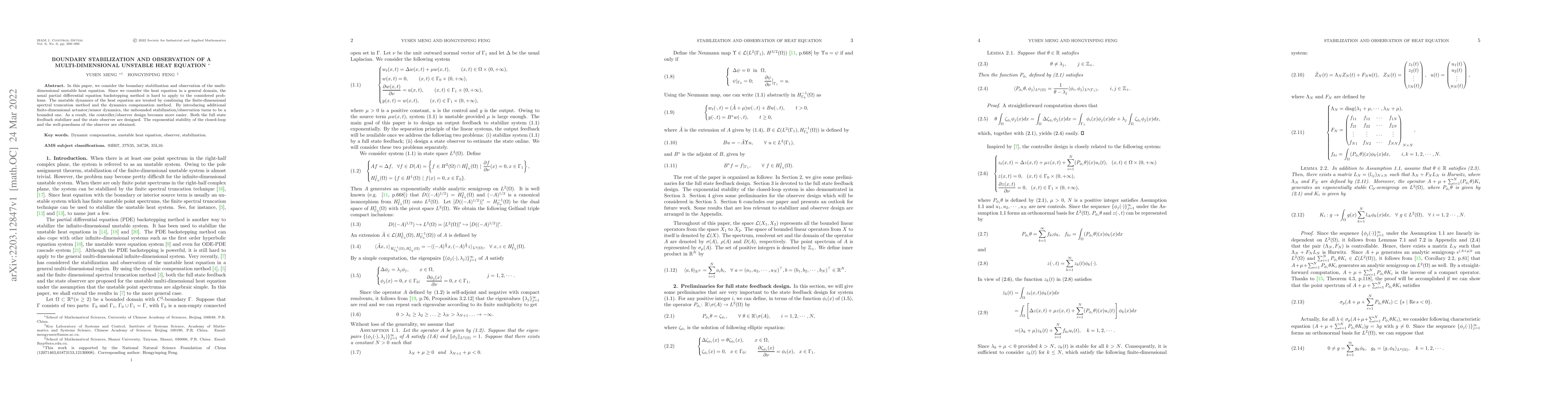 Thumbnail for Boundary stabilization and observation of a multi-dimensional unstable
  heat equation