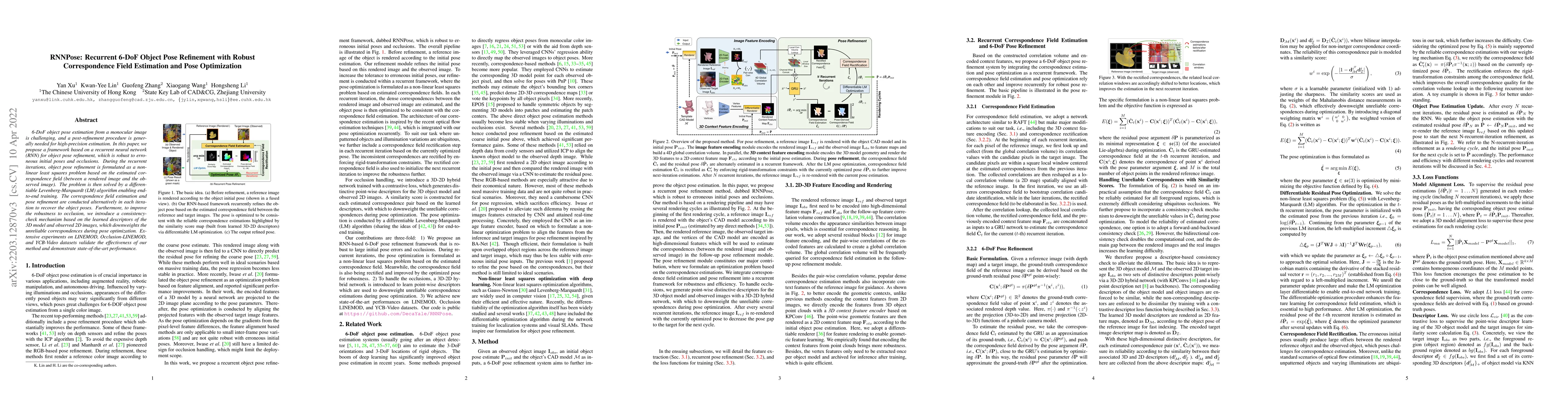 Thumbnail for RNNPose: Recurrent 6-DoF Object Pose Refinement with Robust
  Correspondence Field Estimation and Pose Optimization
