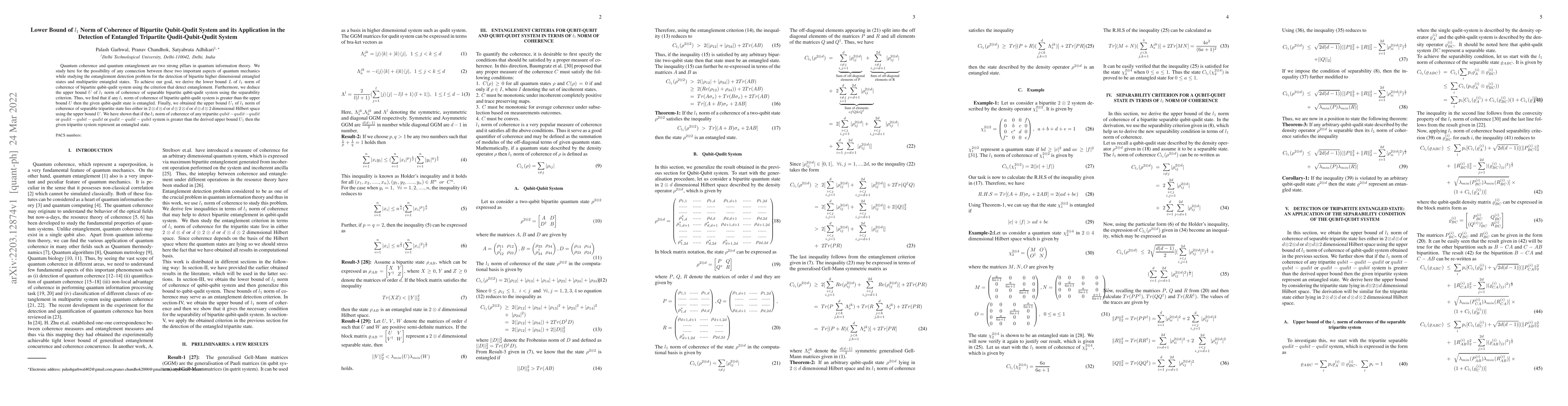 Thumbnail for Lower Bound of $l_{1}$ Norm of Coherence of Bipartite Qubit-Qudit System
  and its Application in the Detection of Entangled Tripartite
  Qudit-Qubit-Qudit System