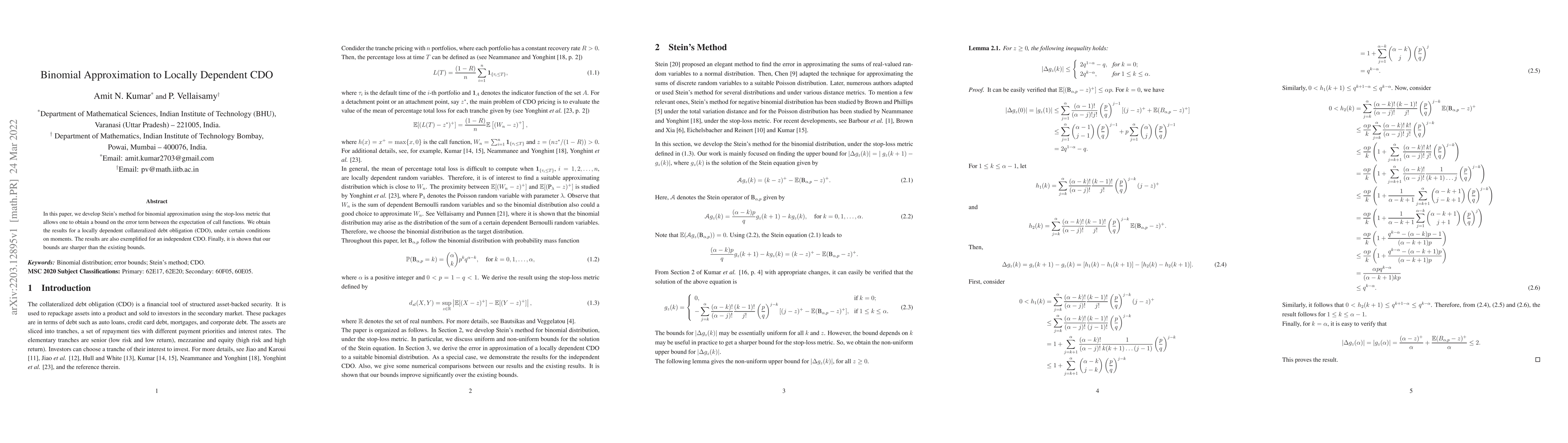 Thumbnail for Binomial Approximation to Locally Dependent CDO