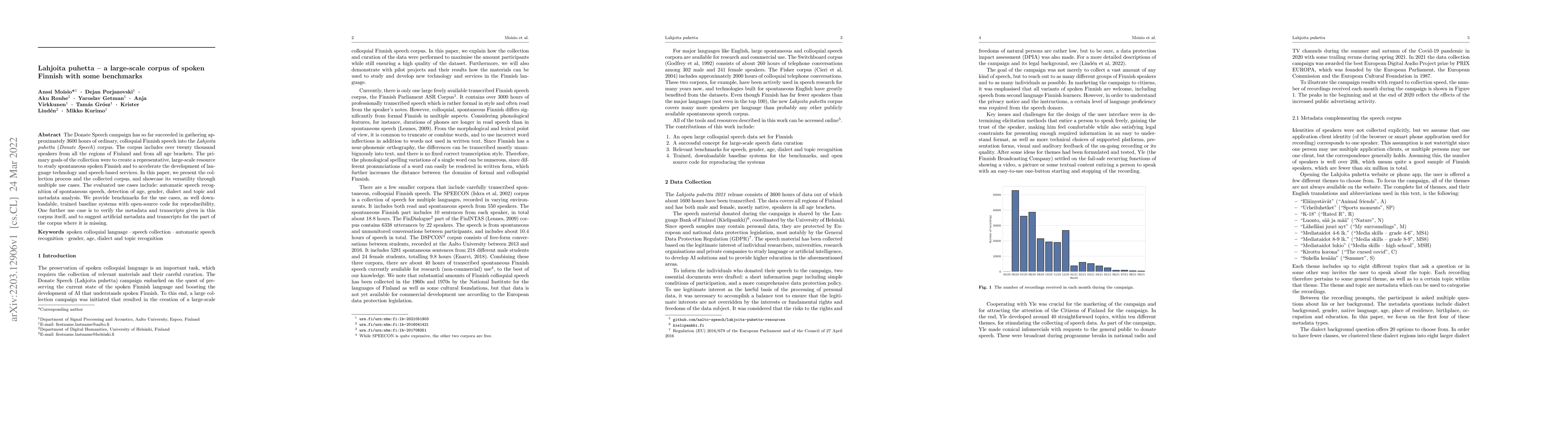 Thumbnail for Lahjoita puhetta -- a large-scale corpus of spoken Finnish with some
  benchmarks