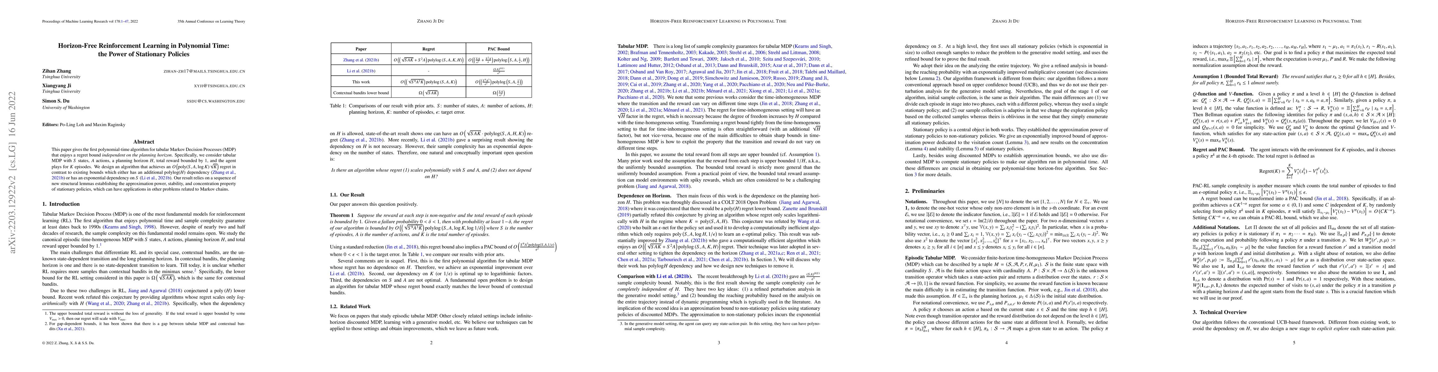 Thumbnail for Horizon-Free Reinforcement Learning in Polynomial Time: the Power of
  Stationary Policies