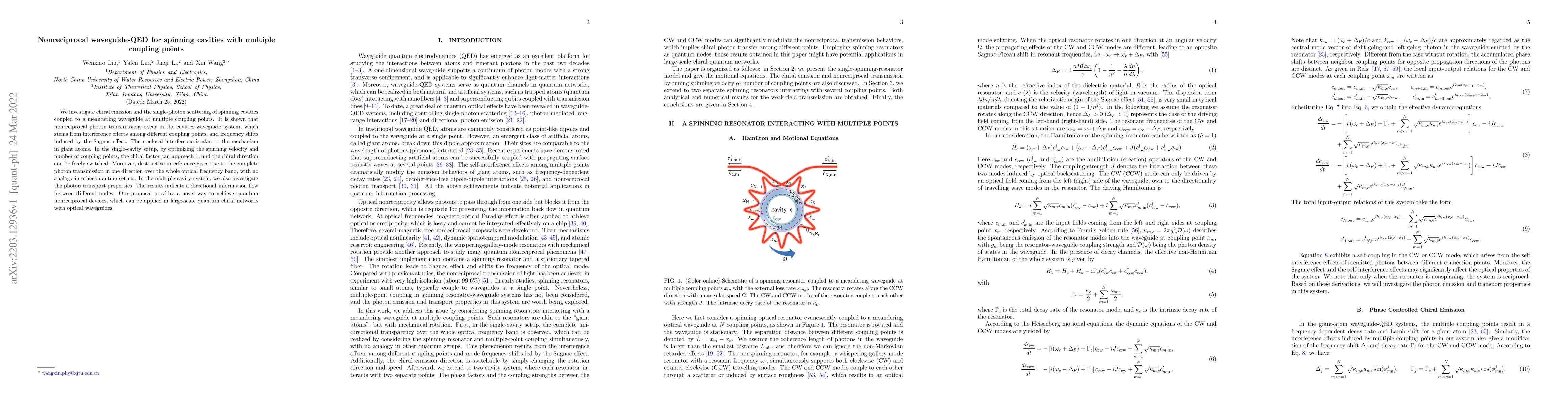 Thumbnail for Nonreciprocal waveguide-QED for spinning cavities with multiple coupling
  points