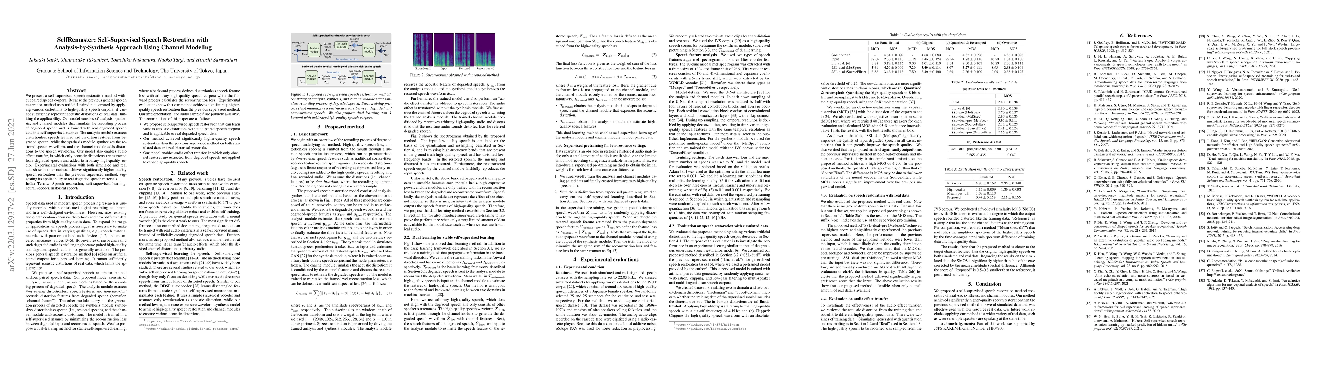Thumbnail for SelfRemaster: Self-Supervised Speech Restoration with
  Analysis-by-Synthesis Approach Using Channel Modeling