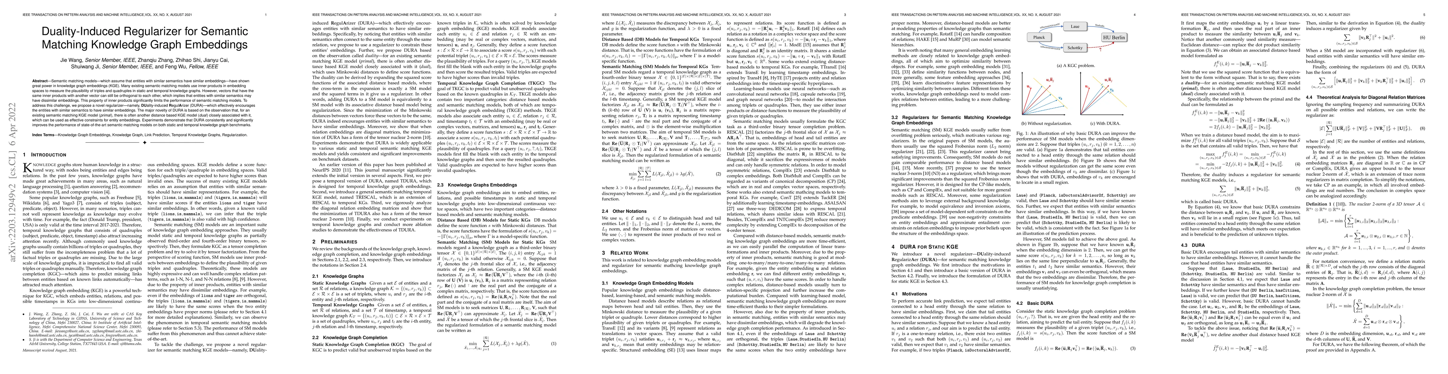 Thumbnail for Duality-Induced Regularizer for Semantic Matching Knowledge Graph
  Embeddings