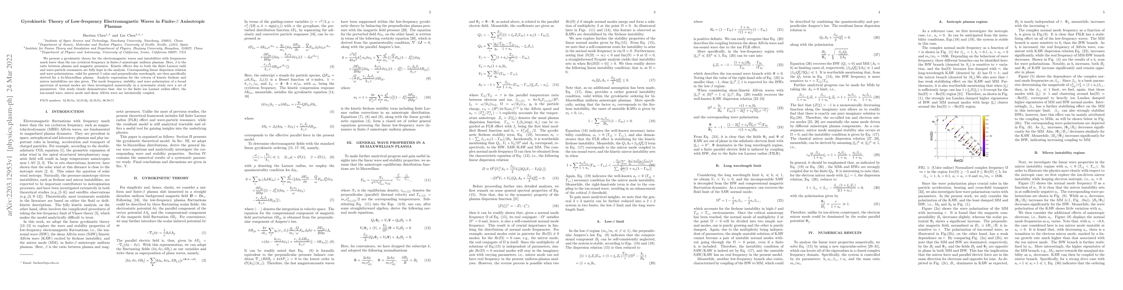 Thumbnail for Gyrokinetic Theory of Low-frequency Electromagnetic Waves in
  Finite-$\beta$ Anisotropic Plasmas