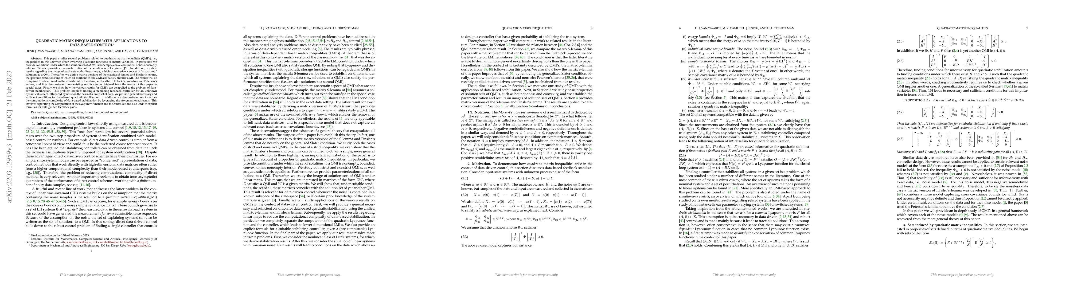 Thumbnail for Quadratic matrix inequalities with applications to data-based control