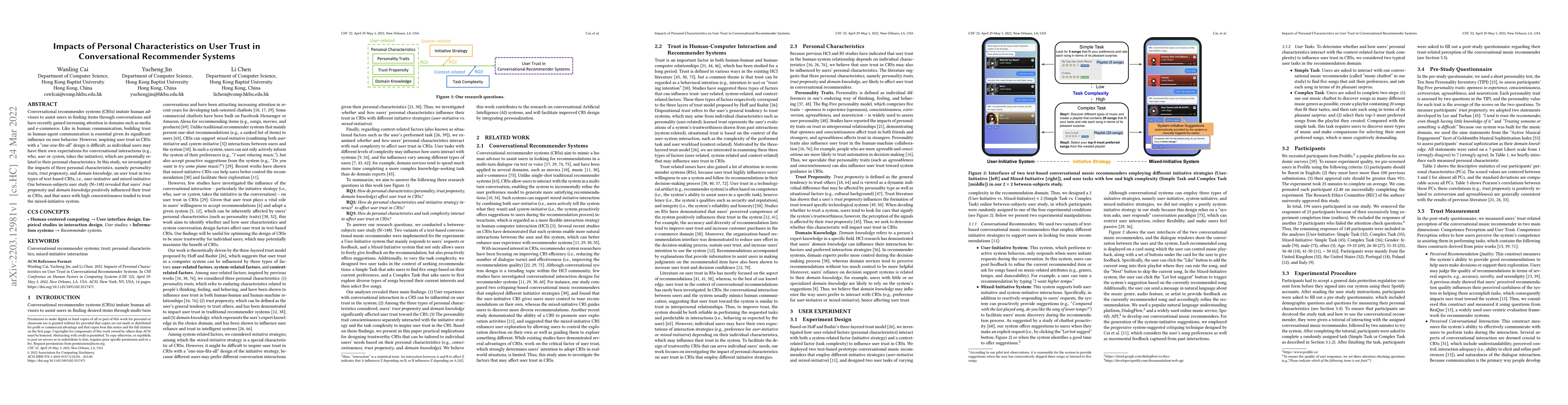 Thumbnail for Impacts of Personal Characteristics on User Trust in Conversational
  Recommender Systems