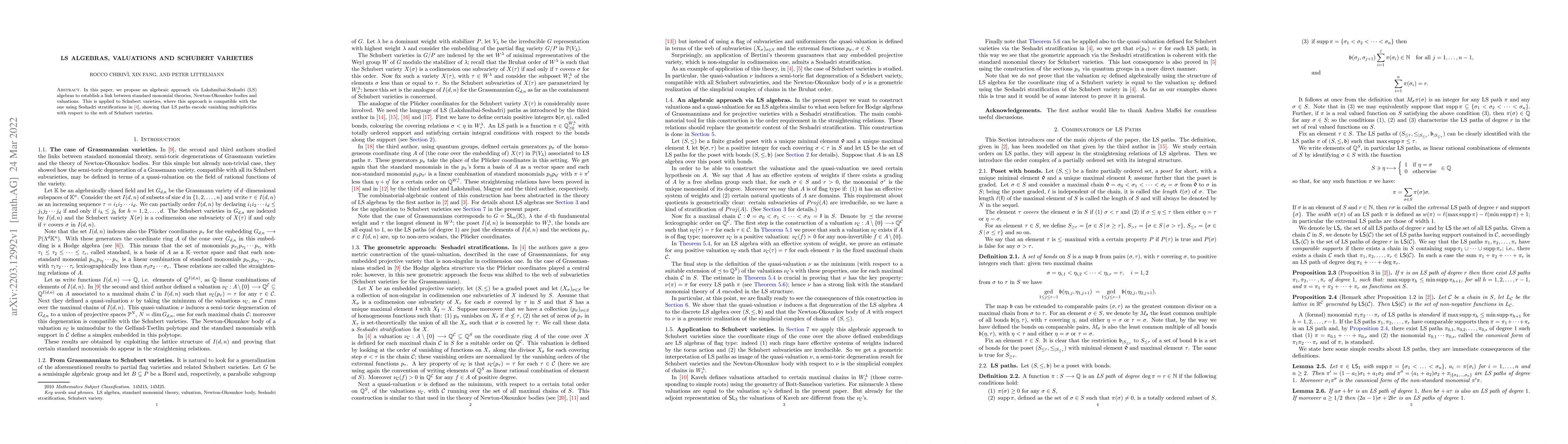 Thumbnail for LS Algebras, Valuations and Schubert Varieties
