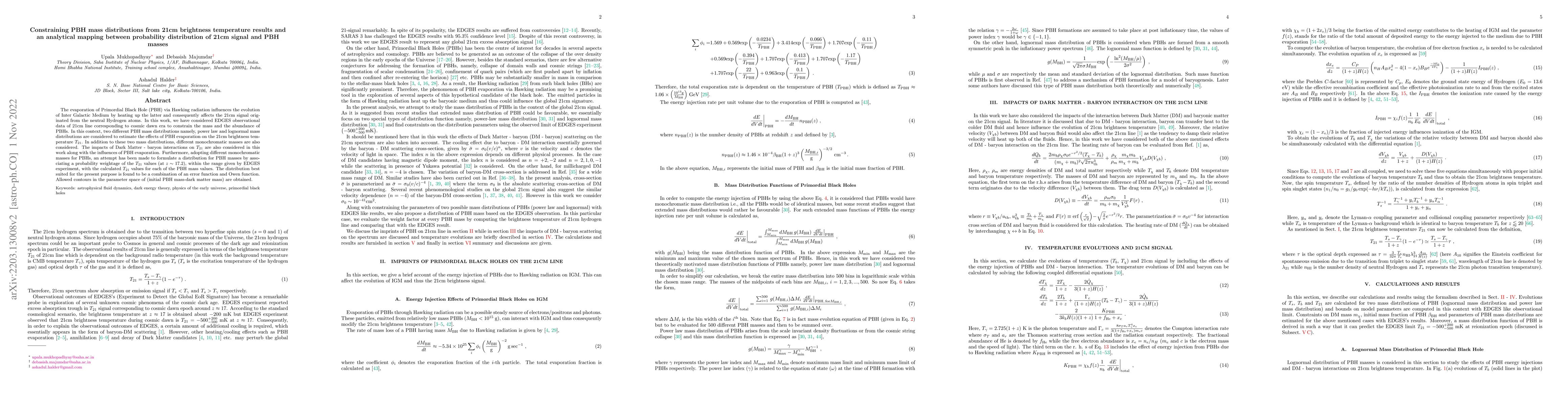 Thumbnail for Constraining PBH mass distributions from 21cm brightness temperature
  results and an analytical mapping between probability distribution of 21cm
  signal and PBH masses